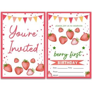 🌺 3/$15 Set of 20 1st Birthday Party Invites Strawberry Theme
